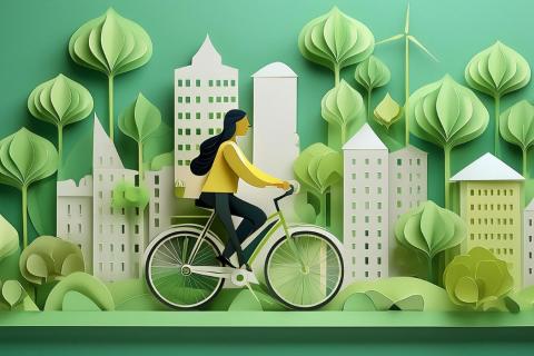  a woman biking to work in a city