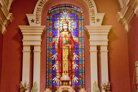 Stained Glass window depicting Christ the King 