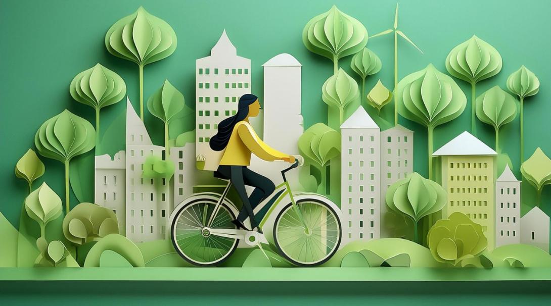 a woman biking to work in a city