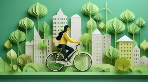  a woman biking to work in a city